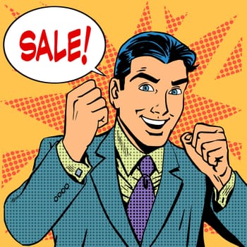 Male businessman sale sales discount store shopping. Retro style pop art