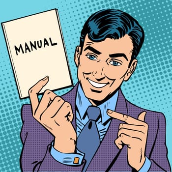 The man is a businessman with a manual in hand. Retro style pop art