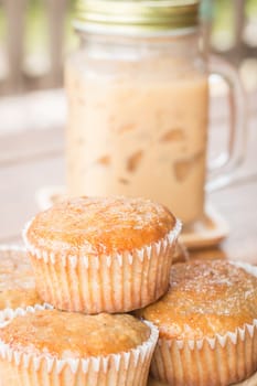 Banana muffins and iced coffee, stock photo