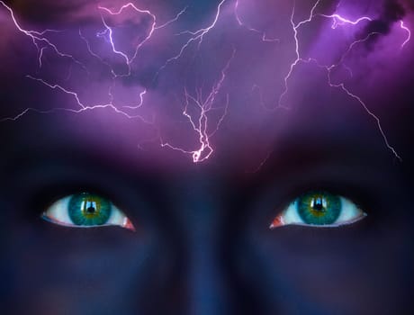 Brainstorm conceptualisation, literal storm and lightnings on dark makeuped female forehead, bright eyes looking foreward, business ideas