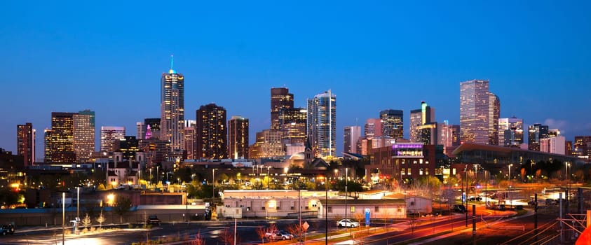 The buildings and architecture of Denver Colorado at dusk