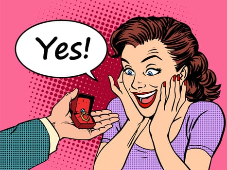 Engagement ring wedding bride offer hands and hearts the gift of love. Retro style pop art