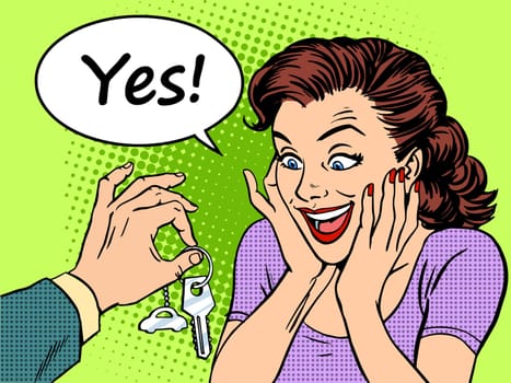 Buying a car the woman reaction to the joy of the keys to the car gift. Retro style pop art