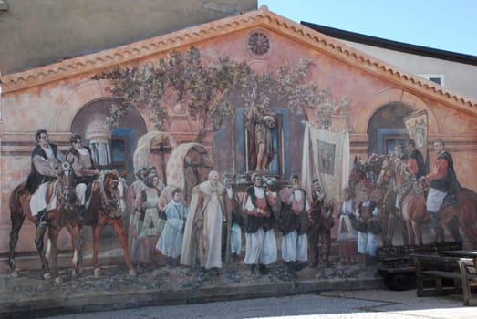 Festa San Giovanni Battista Sardegna Fonni Murales 08023 0784 Barbagia di Ollolai Sardinia St. St. John the Baptist Fest Mountain Village Wall Painting Wall Painting Fresco Procession