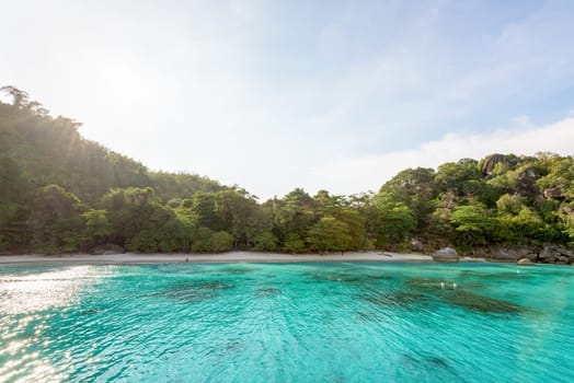 Beautiful green blue sea front small beach at Honeymoon Bay is a famous attractions for diving on Ko Miang island in Mu Koh Similan National Park, Phang Nga Province, Thailand
