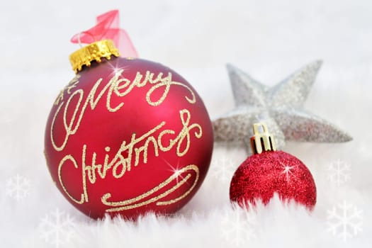 Christmas Bauble balls decoration with fake snow flakes and sparkles twinkle