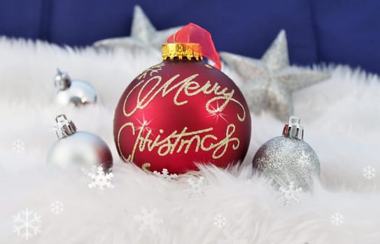 Christmas Bauble balls decoration with fake snow flakes and sparkles twinkle