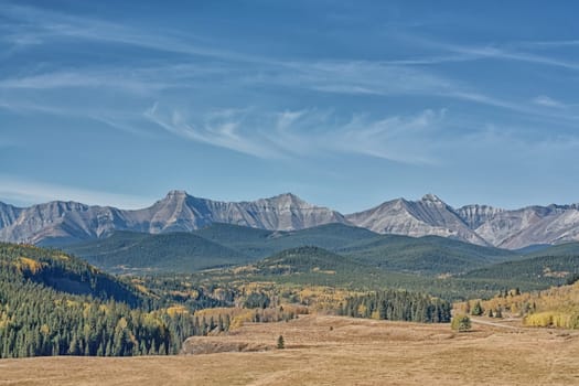 Mountain range landscape of autumn in the Sheep River Valley