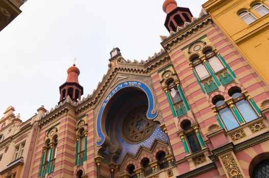 exterior of the jubilee synagogue in prague. It is the youngest and the largest synagogue in prague. Jubilee Synagogue was built in 1905-06 in Art Nouveau and pseudo moorish styles as a compensation for demolished synagogues in the Jewish Quarter.