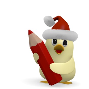 Funny bird with hat of Santa holding a red pencil , Christmas sales or discount concept