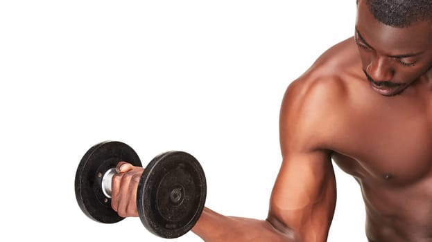Strong and muscular handsome young black african man with dumbbell isolated on white background