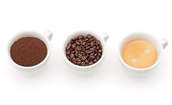 three cups of coffee,coffee beans and coffee powder