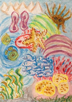 Underwater landscape with coral reef. Abstract acrylic painting.