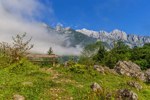Bank in front of fog wall at Königssee