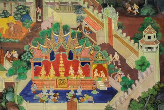 Ancient Buddhist temple mural painting of the life of Buddha in Bangkok, Thailand