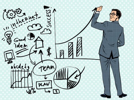 Businessman drawing business concept of success. Pop art retro style