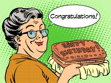 Grandma wishes a happy birthday cake. Retro style pop art