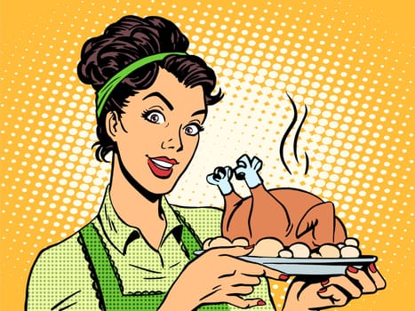 A woman with a hot dish bird in the potatoes. Cooking home food retro style pop art