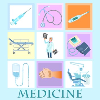 A set of health and medicine. Doctor and medical devices