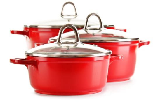Steel pots isolated on white background.