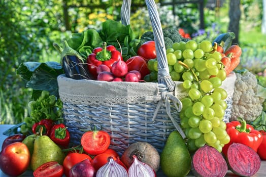 Fresh organic vegetables and fruits in the garden. Balanced diet