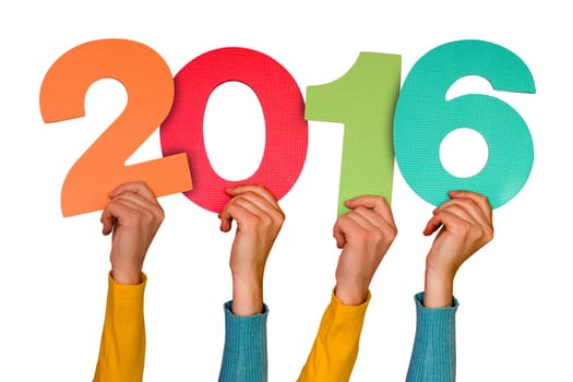 Hands with color numbers shows year 2016. Isolated on white background