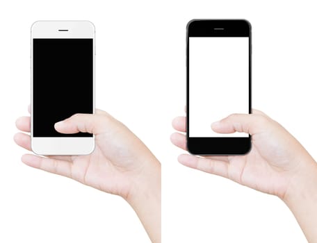 hand holding phone clipping path isolated white
