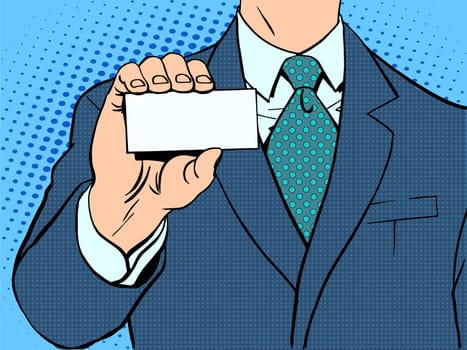 Businessman and business card. Retro style pop art