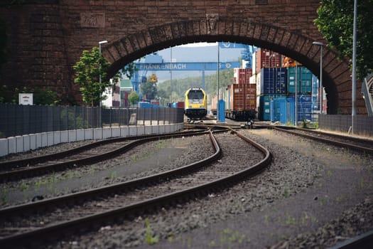 Mainz,Germany – June 24,2015: The Container Terminal Hafen and the Frankenbach company premises in Mainz with a railway station on 24 June 2015 in Mainz.