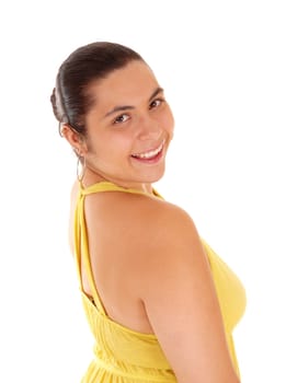 A profile portrait picture of a beautiful young woman in a yellow dress,.looking into the camera, isolated for white background..