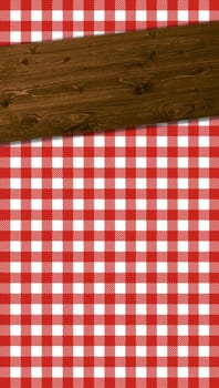 Checkered tablecloth pattern in white and red with wooden beams for headline