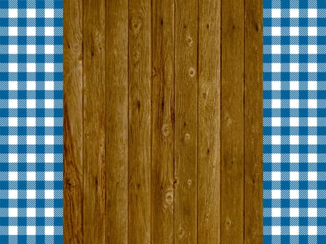 Background with brown wooden boards and tablecloth stripes blue white