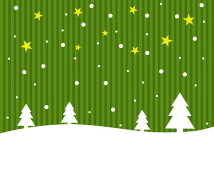 Christmas card with winter landscape and green stripes