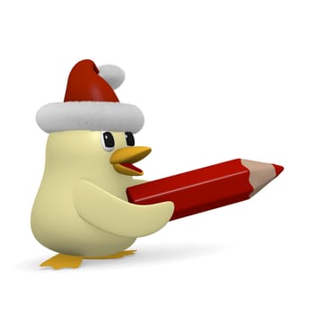 Funny bird with hat of Santa writing with a red pencil, discount concept