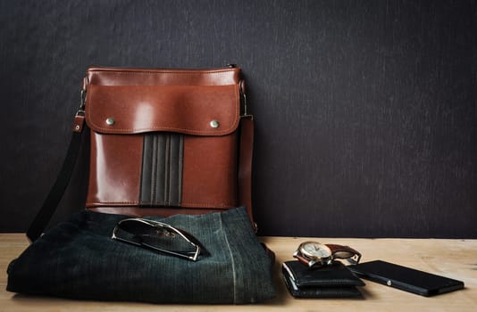 Outfit of traveler, Different objects on wooden background, Still life dark border