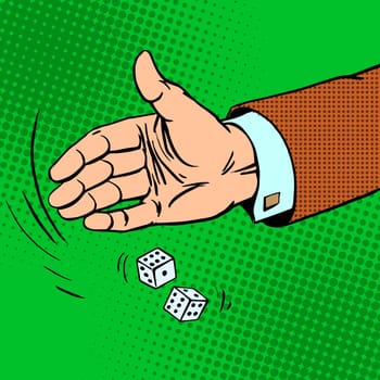 Case lots dice throws hand in the business concept of the casino is retro pop art