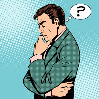 Thinking businessman questions then art retro style