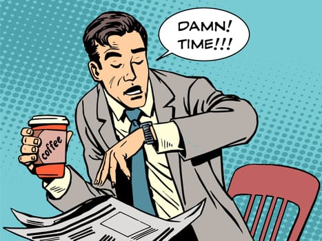 Coffee break late businessman cafe pop art retro style