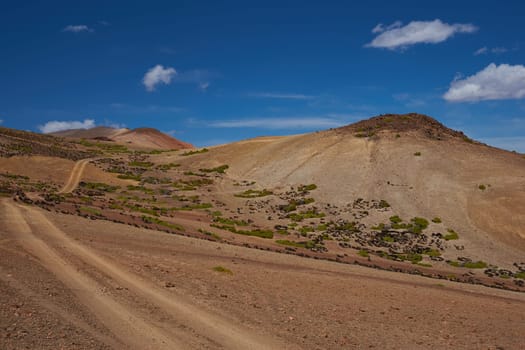 Gravel road running through the colourful desert landscape in Lauca National Park set in the altiplano of northern Chile