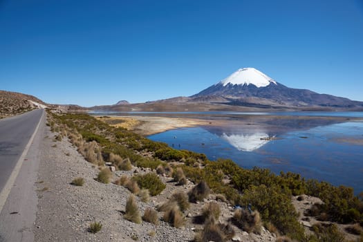 Snow capped Parinacota Volcano, 6,324m high, reflected in Lake Chungara in the Altiplano of northern Chile.