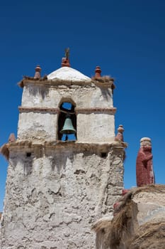 Historic 17th century church in the small village of Parinacota, located at an elevation of 4,400 metres in Lauca National Park and on the altiplano of northern Chile.