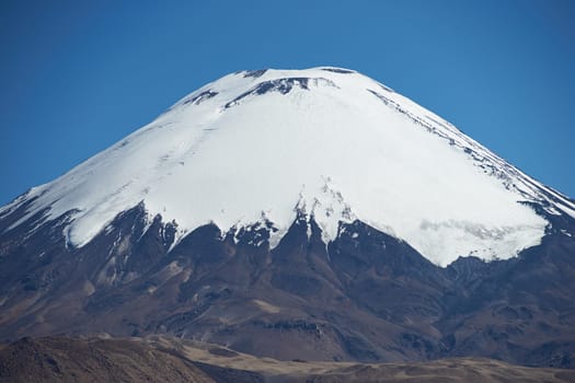 Snow capped peak of Parinacota Volcano, 6,324m high, in the Altiplano of northern Chile.