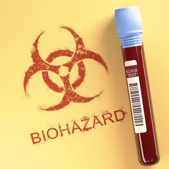Test tube with contaminated blood. Symbol on paper indicating danger. Clipping path included.