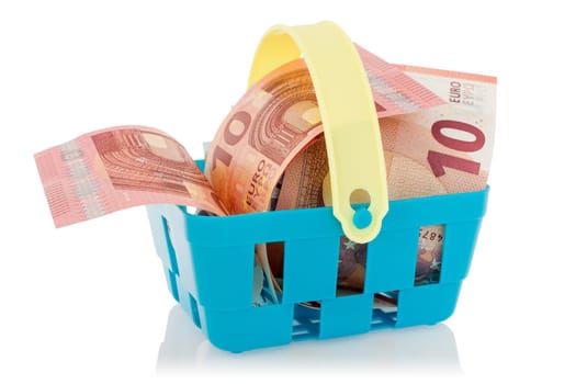 Euro banknotes in shopping basket,isolated on white background. European Union currency