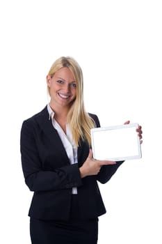 Blonde with tablet in hand