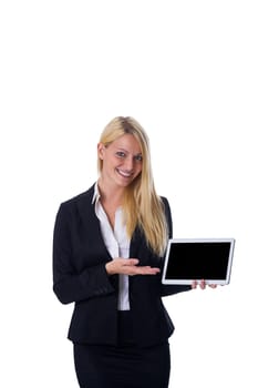 Blonde with tablet in hand