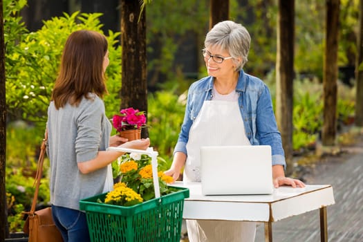 Mature women working in a flower shop and talking with a customer