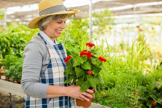 Beautiful mature woman gardening and looking at camera while smiling