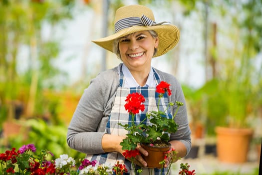 Beautiful mature woman gardening and looking at camera while smiling
