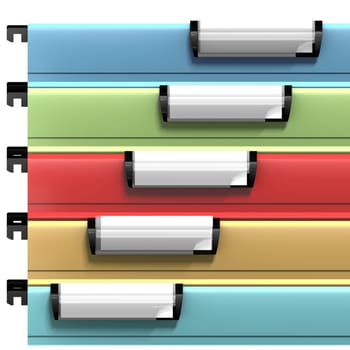 Colored suspended files with copy space available on blank stamps. 3d render
